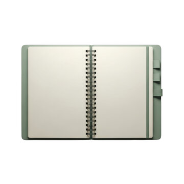 A sage green spiral bound notebook with blank white pages on a transparent background