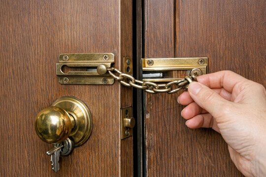 A person holding a chain attached to a door, possibly securing or unlocking it