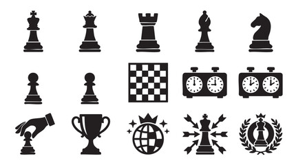 Chess icons, black silhouettes, 13 pieces, symbols, trophy, clock, vector graphics © Faisal Maseeha