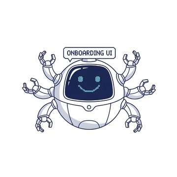 Cute Round Robot Assistant with Multi Arms and Onboarding UI Speech Bubble Vector Illustration