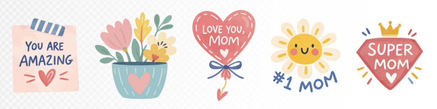 Watercolor mom appreciation sticker set with You Are Amazing quote, flower pot, sun badge and love notes for Mother's Day cards. Vector illustration