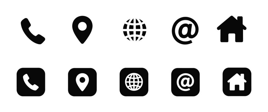 Contact information icons, vector set featuring phone, mobile, call, telephone, and business card symbols for communication interfaces, customer support, websites, mobile apps, and UI design projects