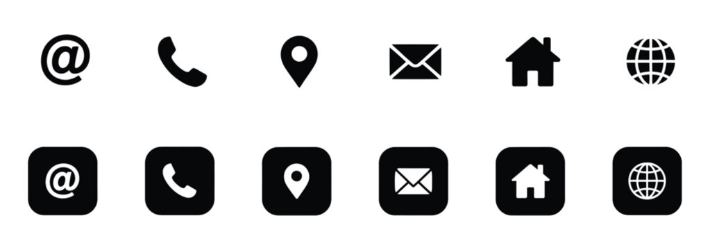 Contact information icons, vector set featuring phone, mobile, call, telephone, and business card symbols for communication interfaces, customer support, websites, mobile apps, and UI design projects