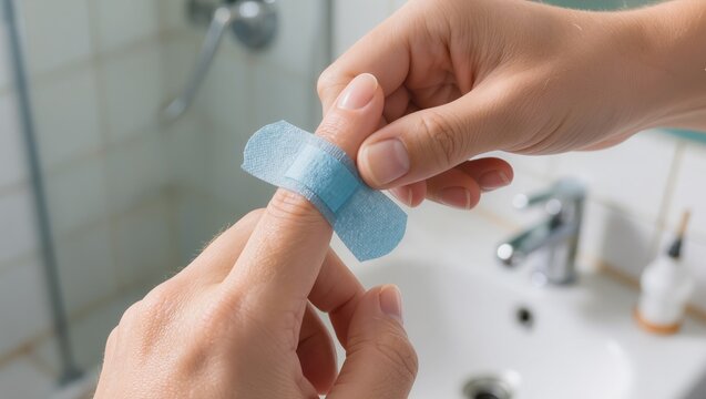 Close-up of a person applying a blue adhesive bandage to a finger. This image illustrates basic first aid, wound care, home injury treatment, and safety measures in a bathroom setting
