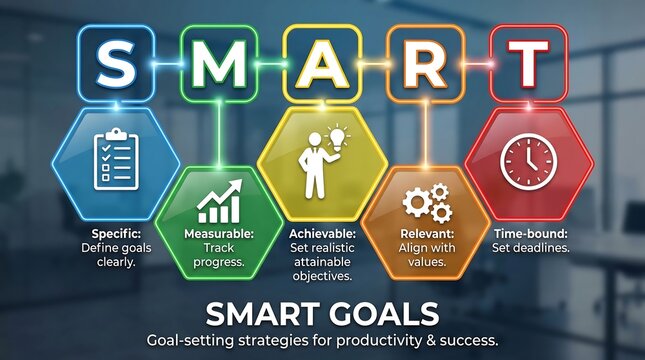 SMART goals infographic for business strategy, goal-setting framework for productivity and success, colorful honeycomb diagram with icons