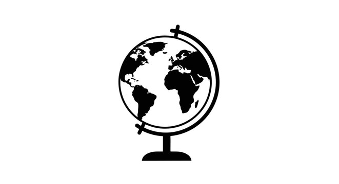 Black and White Earth Globe with Continents on a Stand, Isolated White Background