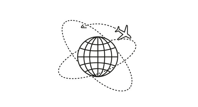 Line art airplane flying around a grid patterned globe with a dotted travel path, isolated white background