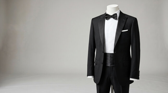 A classic black tuxedo on a mannequin with space for text | A tuxedo with a cummerbund in a neutral studio setting.
Concept: Premium men's formal wear, black tie dress code