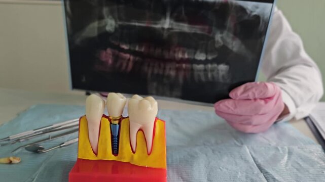 Dental procedure in clinic with x-ray examination and model teeth demonstration