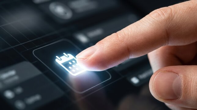 High-tech visual representation of hand touching holographic calend in a business setting