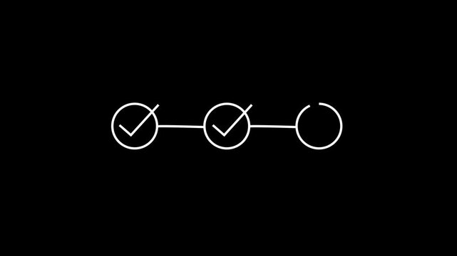 3 step infographic process with check mark icon animation. Step-by-step process icon animation on black background.check mark approval icon animation on black background.