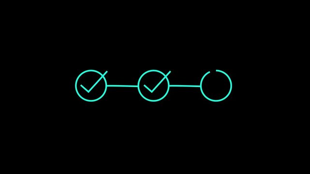 3 step infographic process with check mark icon animation. Step-by-step process icon animation on black background.check mark approval icon animation on black background.