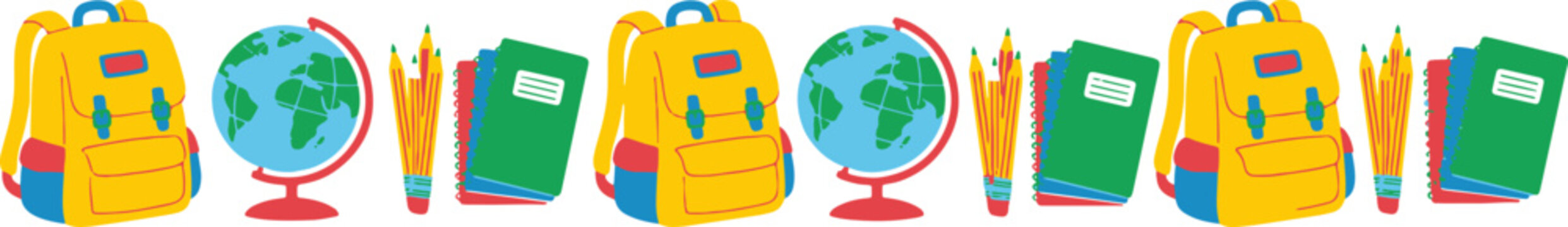 School supplies border with backpacks, globes, notebooks and pencils for education.