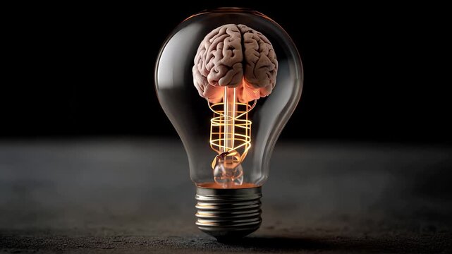 Innovative mindset concept with brain inside light, A light bulb containing a brain, symbolizing the fusion of ideas and intelligence