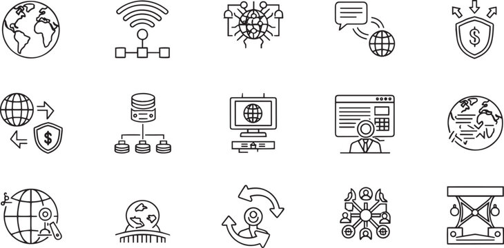 Global Air Freight Logistics Express Cargo Shipping and Aviation Supply Chain Outline Icon Set