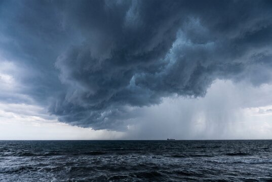 Dark storm clouds gather over a turbulent ocean. Rain falls in the distance, creating a dramatic and moody atmosphere.