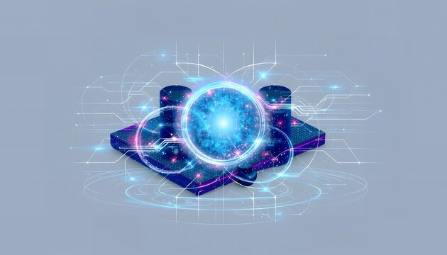 A futuristic blue glowing orb surrounded by neon lights and circuit board patterns on a grey background with technological elements