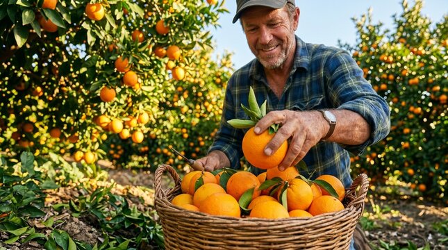 Farmer filling basket with ripe oranges in sunny orchard vibrant colors harvest agriculture rural lifestyle fresh produce concept nature abundance.