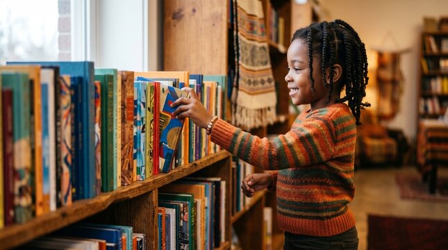 Child choosing book from shelf full of diverse titles cozy cultural environment curiosity reading learning imagination knowledge library concept.