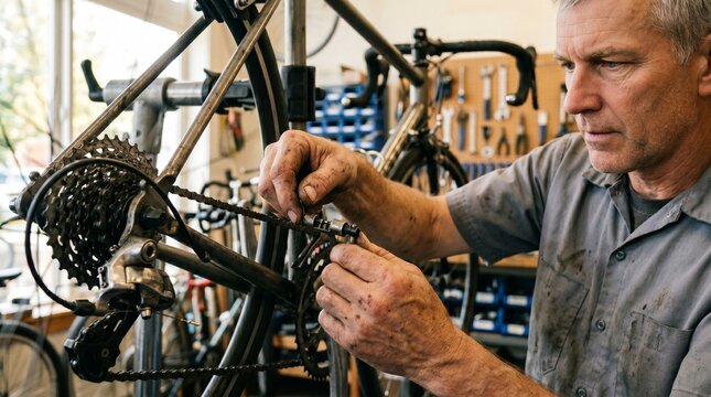 Professional adjusting bicycle chain mechanical details authentic documentary photography repair maintenance workshop cycling concept precision.