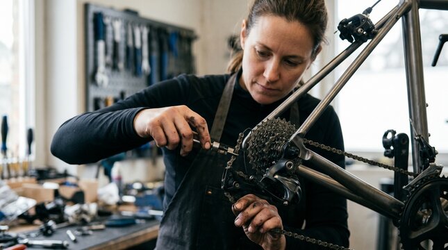 Professional adjusting bicycle chain mechanical details authentic documentary photography repair maintenance workshop cycling concept precision.