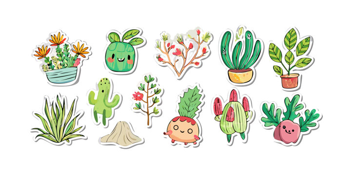 Collection of cute cartoon garden plants and cactus stickers, vector