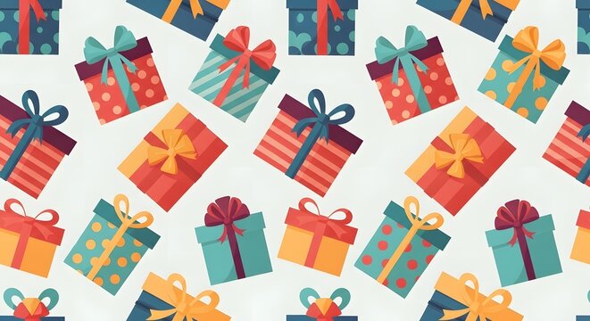 Seamless Pattern of Colorful Gift Boxes with Ribbons and Bows, Festive Holiday Design