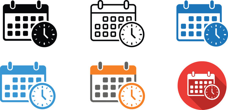 Colorful calendar and clock icons silhouette isolated on transparent background