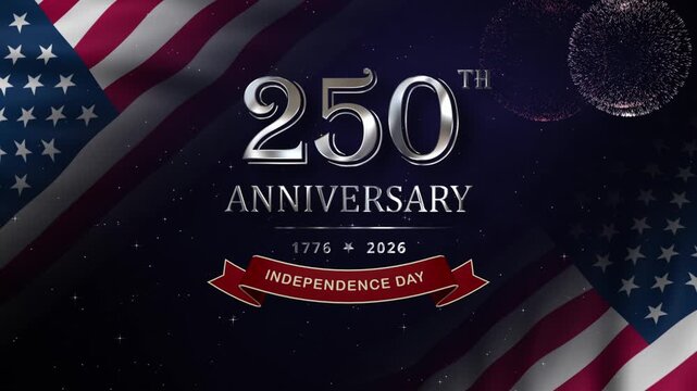 Metallic Silver 250th Anniversary text with commemorative years 1776&ndash;2026, Independence Day ribbon banner, waving USA flags, fireworks, and subtle glowing particles on a dark blue background.