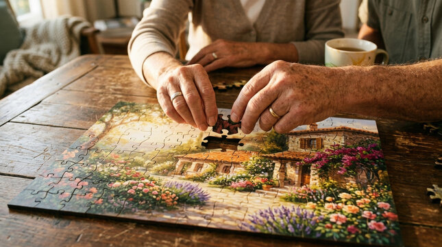 Elderly couple cherishing moments together as they work on a vibrant jigsaw puzzle in the comfort of their home