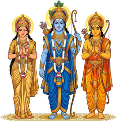Obraz premium Ramayana characters Lord Rama Sita Lakshmana in traditional attire with halos and blessings vector illustration