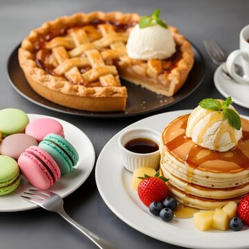 Delicious desserts collection classic apple pie with vanilla ice cream, fluffy pancakes with fruit and syrup, colorful macarons. A tempting sweet feast