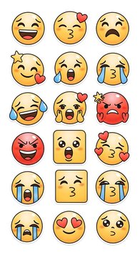 Collection of Diverse Emoji Faces Expressing a Wide Range of Emotions, Ideal for Digital Communication and Social Media