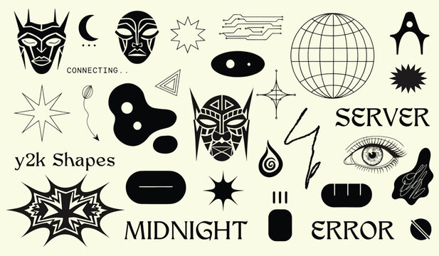 Abstract y2k cyber style graphic elements set featuring futuristic masks and wireframe globe and digital glitch symbols for tech inspired streetwear and vaporwave design