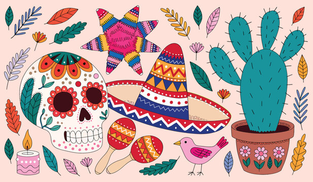 Festive Dia de los Muertos elements featuring sugar skull sombrero maracas and cactus as flat vector illustration for Mexican holiday celebration and cultural decor