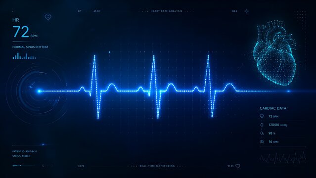 Futuristic Neon ECG Heartbeat Waveform with Digital Heart Hologram, Medical Heart Rate Analysis and Cardiac Data Interface