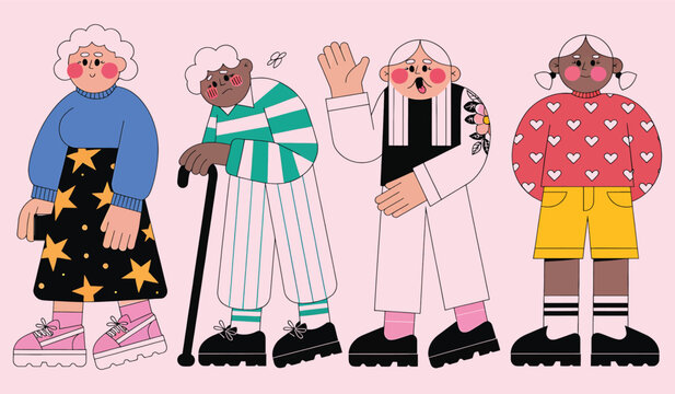 Diverse group of elderly people characters including a woman with a cane and a stylish girl in a hand drawn doodle illustration style for inclusive design projects