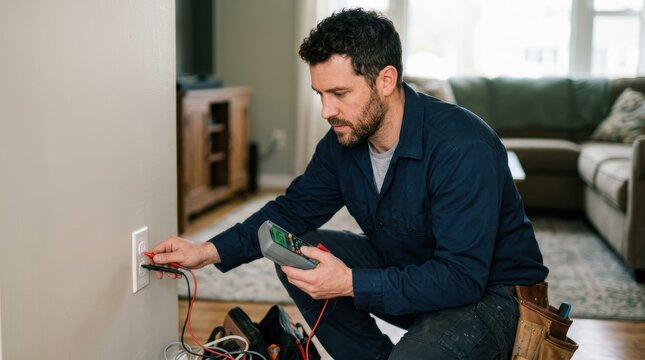 An electrician tests a wall outlet using a voltage meter while troubleshooting a residential electrical receptacle. The scene highlights skilled home maintenance and repair work carried out.