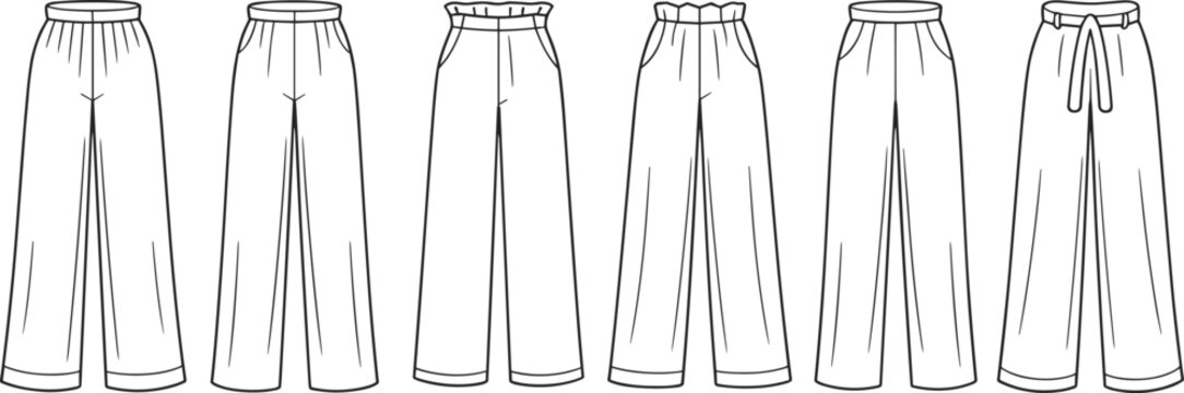 Set of various wide leg trousers and pants technical drawing templates for fashion apparel design vector illustration black white