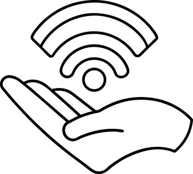 WiFi signal, hand, connectivity icon, wireless symbol, black line art icon line airt vactor outline Illustrations on white background.
