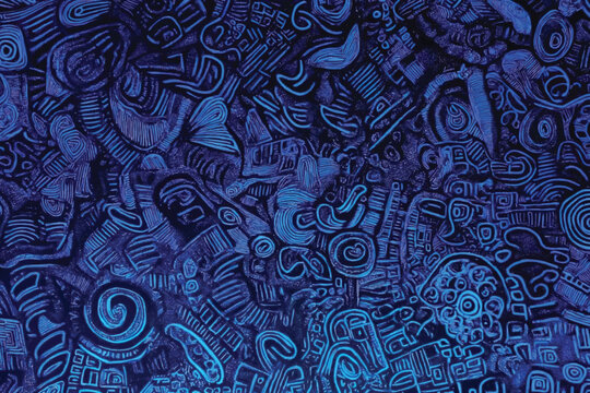 Seamless intricate tribal neon blue doodle line art on dark background