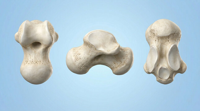 Three detailed anatomical views of a human calcaneus heel bone presented in a clean bright studio setting with soft lighting to showcase the complex texture and structure of skeletal anatomy.