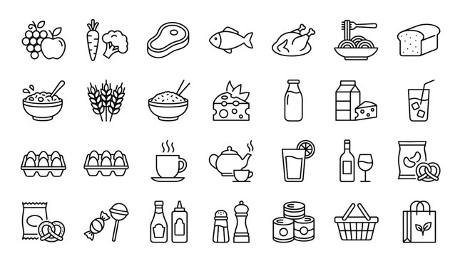 Grocery Food and Product Categories Line Icon Set with Fruits Meat Pasta Beverages Snacks Cereal and Editable Stroke Vector Symbols