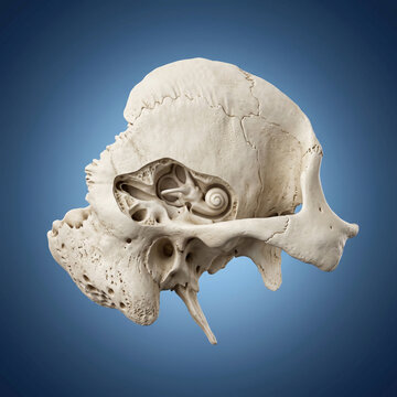 Detailed anatomical illustration of the human inner ear and cochlea featuring auditory ossicles and skeletal structures for medical education hearing research and clinical healthcare studies