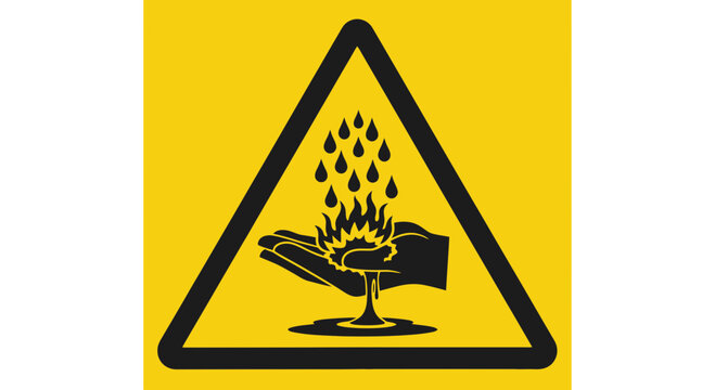 Corrosive substance warning sign icon with hand and liquid drops on yellow background