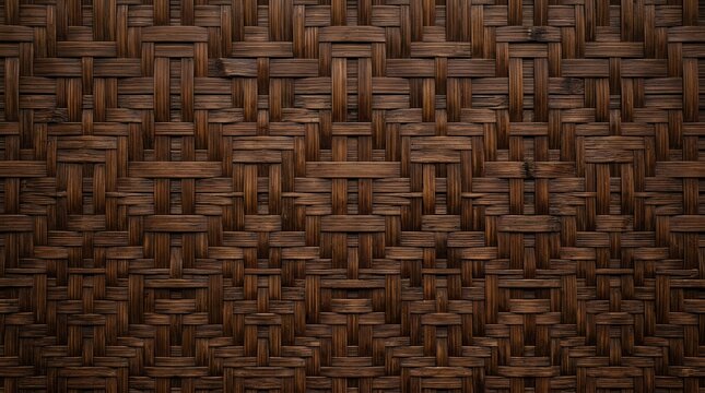 Dark brown intricate woven texture, rattan or wicker style. Rustic basketweave pattern creates organic background, highlighting traditional craftsmanship and earthy aesthetic for design projects