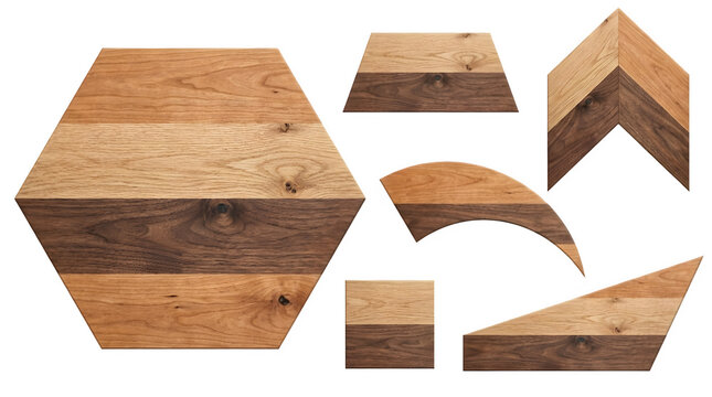 Set of various wooden geometric shapes made of oak and walnut wood isolated on transparent background