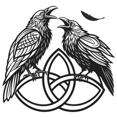 Obraz premium Two ravens perched on a celtic triquetra knot symbol, black and white vector illustration