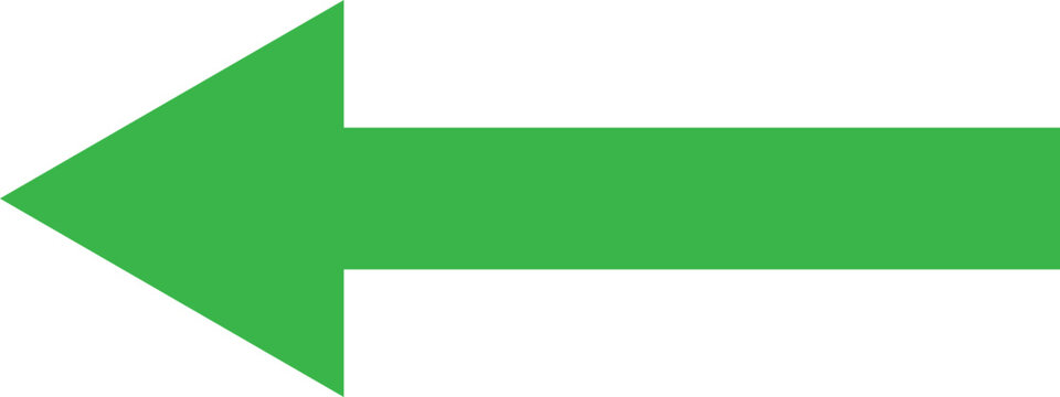 A simple green arrow pointing to the left on a white background, representing a direction, navigation, or a back button for digital interfaces