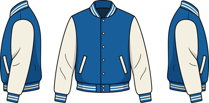 Vector fashion template of a blue and white varsity jacket shown from front and side views for apparel design mockup.